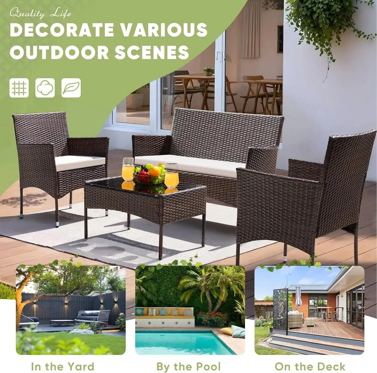 Patio Furniture 4 Pieces Conversation Sets Outdoor Wicker Rattan Chairs Garden Backyard Balcony Porch Poolside loveseat