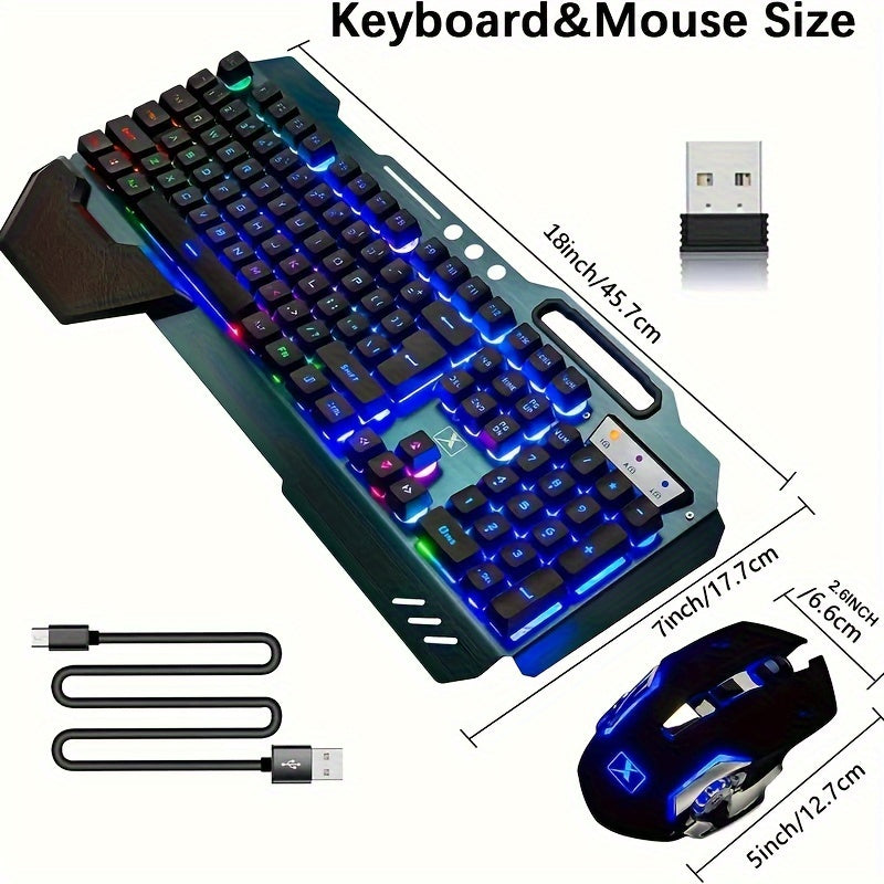 Wireless gaming Keyboard and Mouse, Rainbow Backlit Rechargeable Keyboard Mouse with 3800mAh Battery Metal Panel, Removable Hand Rest Mechanical Feel Keyboard and 7 Color Gaming Mute Mouse for PC Gamers