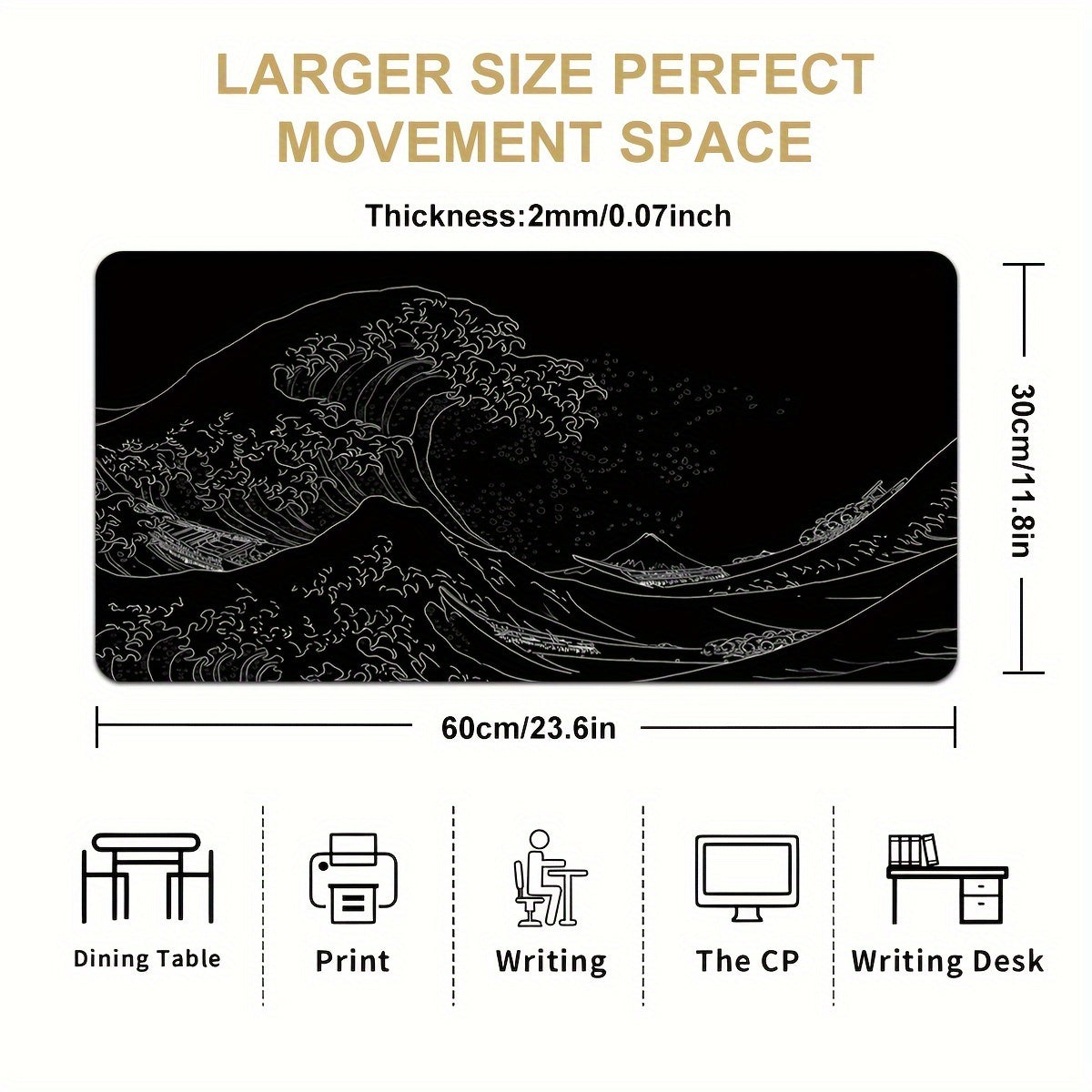 1pc Black And White Japanese Waves Sea Mouse Pad Abstract Large Gaming Mouse Pad 35.4x15.7 Inch Non-Slip Rubber Base Mousepad Stitched Edges Keyboard Desk Pad For Office Home E-sport