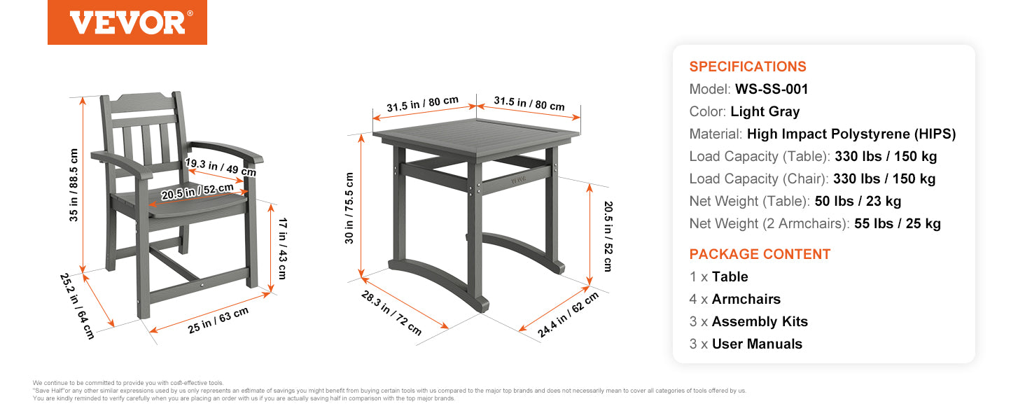 VEVOR 5 Pcs Patio Dining Set Outdoor Square Furniture Table Chairs Garden Furniture Table Sets For Lawn Deck Backyard Poolside