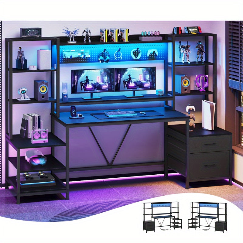 47in Home Office Gaming Desk - 2 Colors, Power Outlets, LED Light, Monitor Stand, 2 Drawers, 7 Storage Shelves, Pegboard, 6 Hooks, Keyboard Pad, Brown/Black