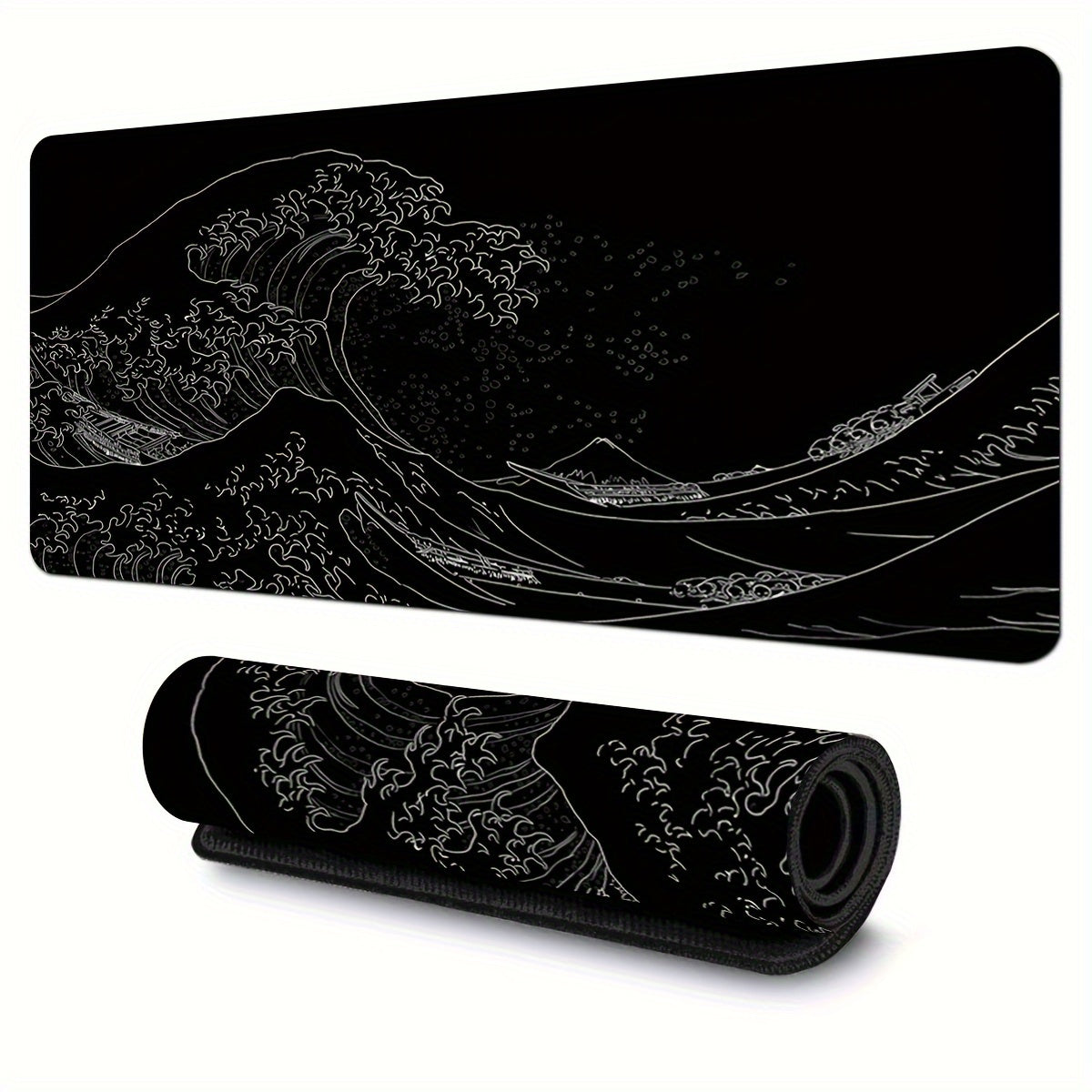 1pc Black And White Japanese Waves Sea Mouse Pad Abstract Large Gaming Mouse Pad 35.4x15.7 Inch Non-Slip Rubber Base Mousepad Stitched Edges Keyboard Desk Pad For Office Home E-sport